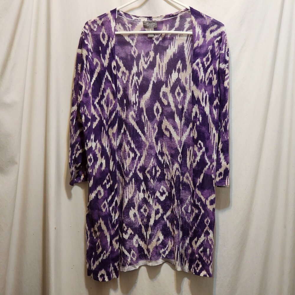 Chico's Travelers Purple White Geometric Open Front Top 1 M 8 3/4 Sleeve